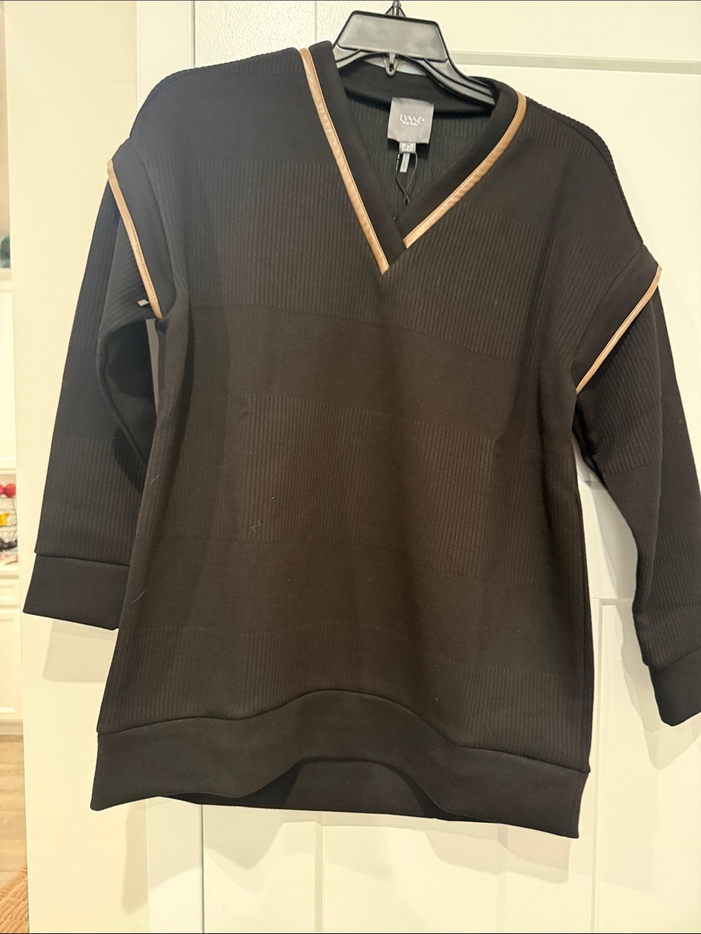 Lysse Black V-Neck Sweater with Tan faux leather Trim